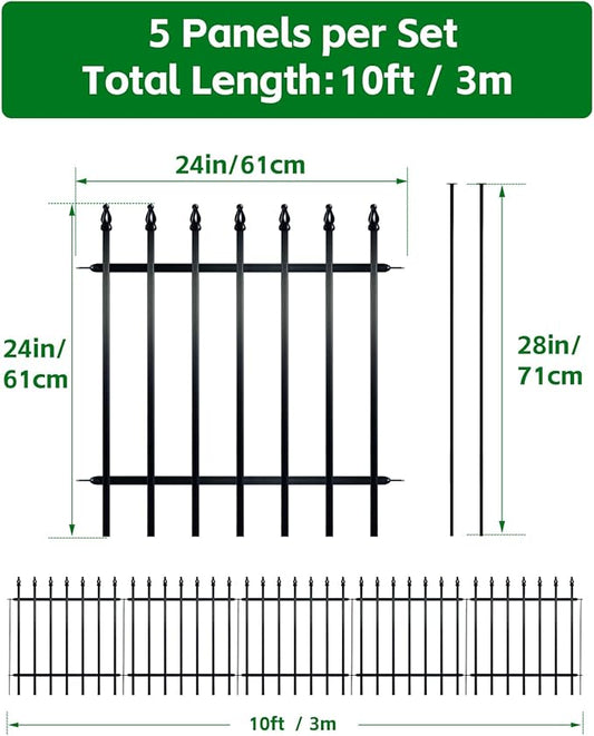 ARIFARO Metal Garden Fence 24" H x 24" W (5 Pack, Length 10 ft), No Digging Decorative Garden Border Fence, Rustproof Black Fence Panels for Flower Bed, Yard, Patio, Small Animal Barrier
