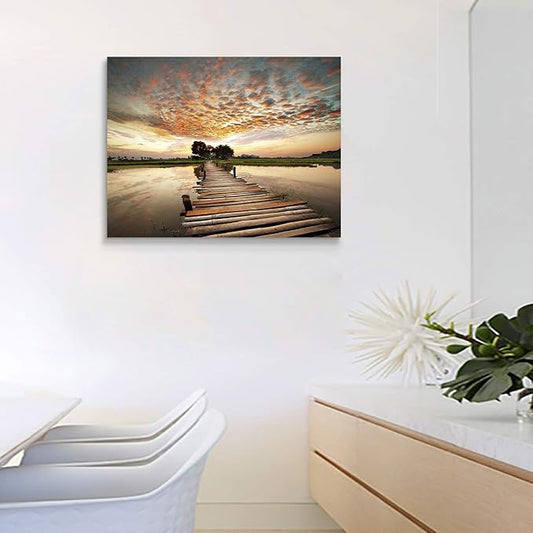 Landscape Artworks Pictures Wall Art: Stairway to Heaven’s Sunset Stunning Lake Bridge Print on Canvas for Living Room (18” x 24” x 1 Panel)
