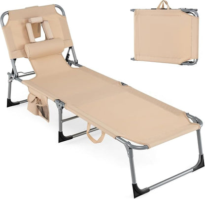 Goplus Tanning Chair, Folding Adjustable Patio Lounge Chair with Face Hole, Removable Pillow, 330LBS, Carry Strap, Outdoor Sunbathing Chair, Lightweight Portable Beach Lounge Chair (1, Beige)