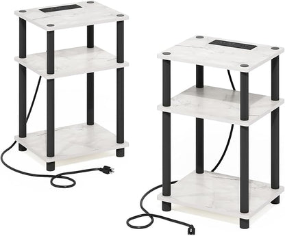 Furinno JUST Side Table Set of 2, 3-Tier Modern End Table with Charging Station, Open Shelf Night Stand, Bedside Table with USB and Type-C Port, for Living Room, Bedroom, Marble White