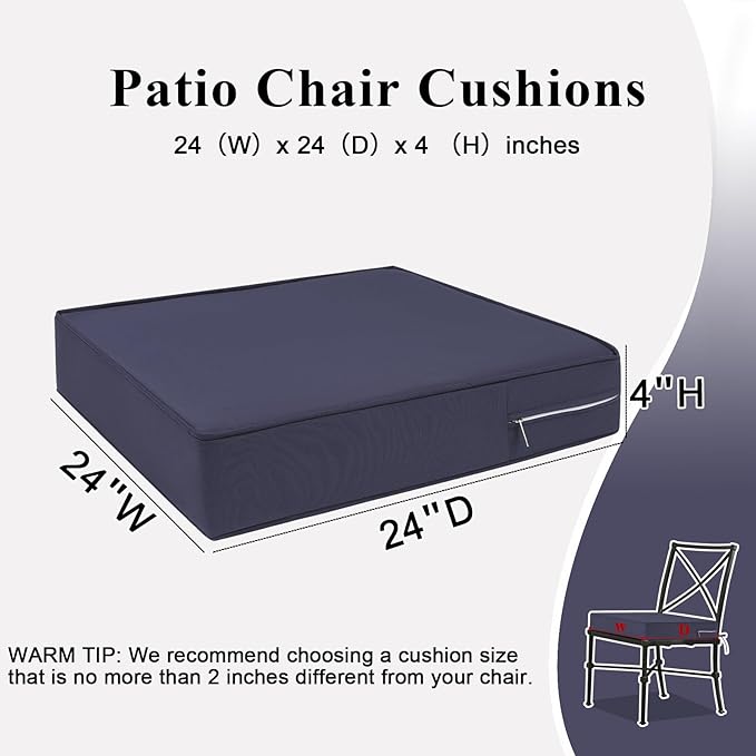 Outdoor Chair Cushions 24x24x4 Inch, Waterproof Grey Patio Furniture Cushions Set of 2 with Ties & Handle, 3 Year Color Fastness Square Replacement Seat Cushions for Sofa, Couch