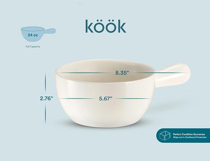 Kook French Onion Soup Crocks, Stackable Ceramic Bowls with Handles, Oven, Microwave and Dishwasher Safe, for Cereal, Soups, Casseroles, with Handle, Stoneware, 24 oz, Set of 4, White