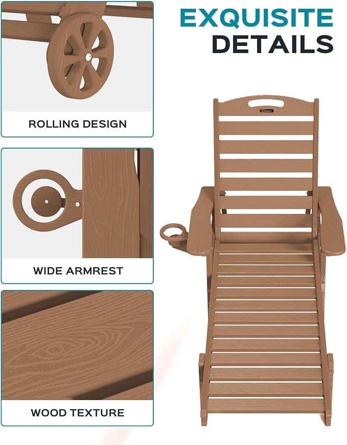 Ciokea Outdoor Chaise Lounge Chair Set of 2, Patio Lounge Chairs for Outside, HDPE Lounge Chair with Wheels & Cup Holder, Poly Chair with 5 Position for Poolside, Deck, Brown