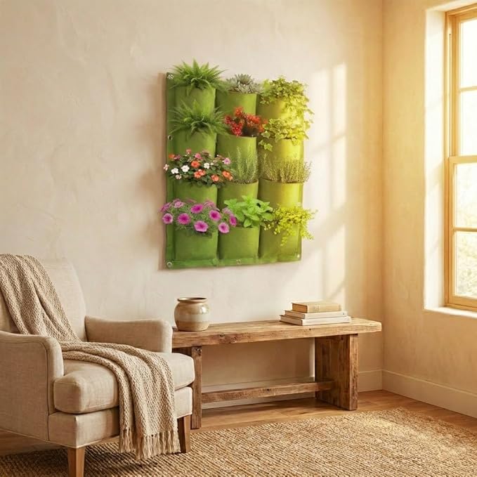 WFIST Vertical Hanging Planter Bag, Breathable Felt Wall Garden Planter with Metal Grommets, Indoor/Outdoor Space-Saving Herb & Flower Growing Pouch (12-Pocket)
