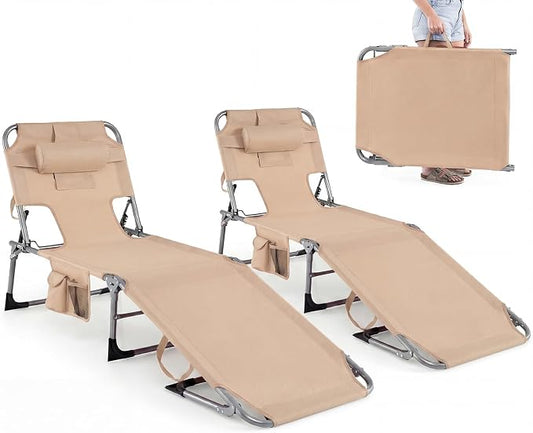 GYMAX Tanning Chair with Face Hole, Sun Bathing Lounge Chairs for Outside with Side Pocket, Folding Portable Face Down Layout Tanning Chair Beach, Backyard, Poolside, Lawn (Sand,2)