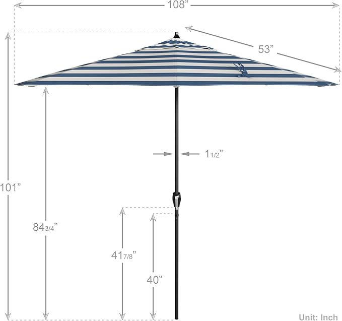 California Umbrella 9' Rd Aluminum Patio Umbrella, Crank Lift, Auto Tilt, Black Finish, Sunbrella Cabana Regatta