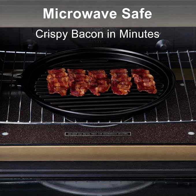 ONEMORE Microwave Bacon Tray Ceramic Bacon Cooker Meat Rack for Oven Cooking Crispy Bacon Maker - 11 inch Round Bacon Dish Plate, Black