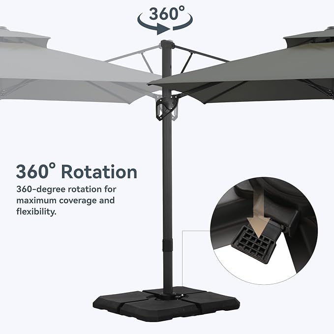 GREEN PARTY 10x10 ft Cantilever Patio Umbrella with Base Included, Outdoor Offset Umbrellas with 360° Rotation, 5-Year-Non-Fading Hanging Pool Umbrella for Garden Deck Poolside - Grey