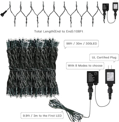 AmyHomie Warm White Christmas Lights, 108Ft 300LED Plug-in Christmas String Lights,8 Modes Waterproof Fairy String Lights for Outdoor & Indoor Christmas Tree Home Patio Garden Party Wedding Decor