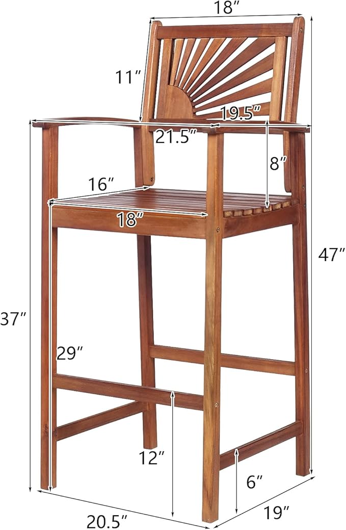 COSTWAY Bar Stools Set of 2, Outdoor Acacia Wood Bar Chairs with Sunflower Backrest, Curved Armrests & Breathable Seat, Ideal for Balcony, Sunroom, Patio, Easy Assembly