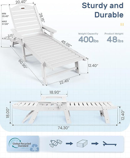 Ciokea Chaise Lounge for Outdoor, Patio Lounge Chairs for Outside, Chaise Lounge Chair with 6 Positions, HDPE Lounge Chair with Cup Holder for Pool Poolside Deck Backyard Lawn,White