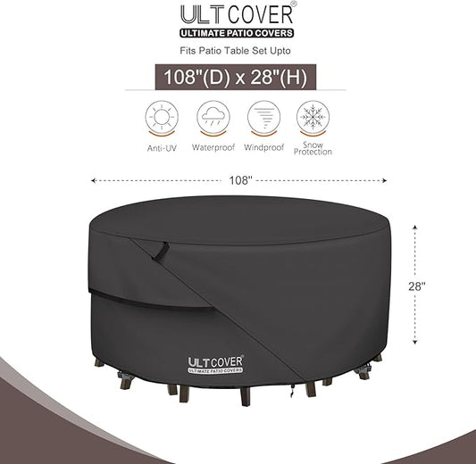 ULTCOVER Round Patio Furniture Cover - Outdoor Waterproof Table with Chair Set Cover 108 inch, Black