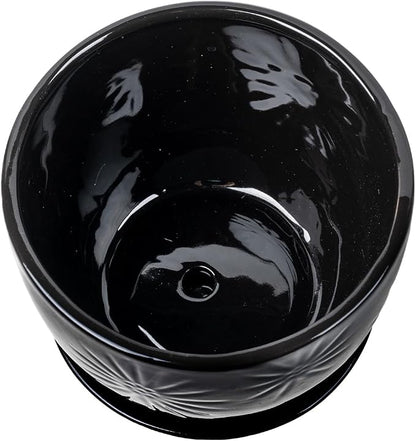 MyGift 7 Inch Glossy Black Ceramic Plant Pot with Drainage Hole and Attached Saucer, Modern Decorative Embossed Sunburst Planter Container for Indoor Home Garden