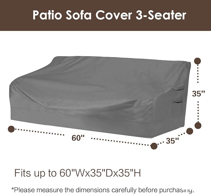 Vailge Heavy Duty Patio Sofa Cover, 100% Waterproof 3-Seater Outdoor Sofa Cover,Lawn Patio Furniture Covers with Air Vent and Handle,60" Wx 35" Dx 35" H,Grey