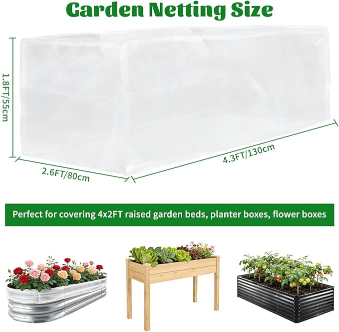 Garden Netting for Raised Beds, Fine Mesh Bird Netting Pest Barrier, 2 Pack Raised Bed Plant Covers for Garden Protection Against Animals & Insects for Vegetables, Fruits, Flowers (2, 4.3×2.6×1.8FT)