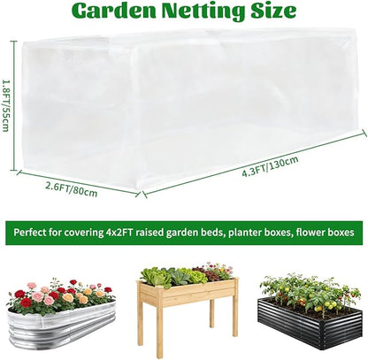 Garden Netting for Raised Beds, Fine Mesh Bird Netting Pest Barrier, 2 Pack Raised Bed Plant Covers for Garden Protection Against Animals & Insects for Vegetables, Fruits, Flowers (2, 4.3×2.6×1.8FT)