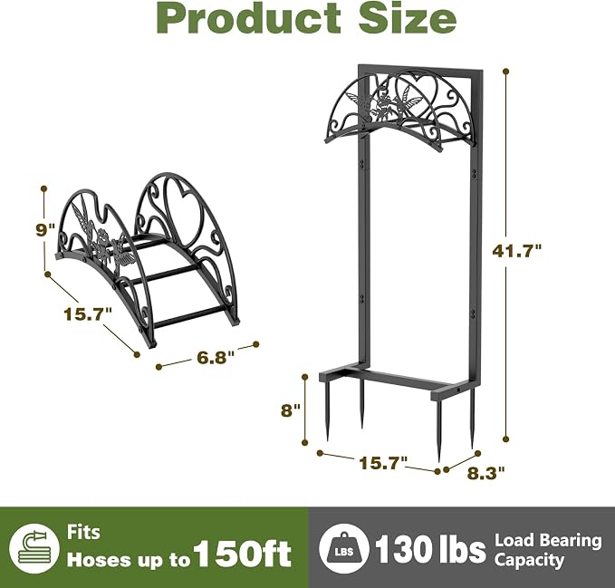 Garden Hose Holder - Upgraded Electrophoretic Coating Anti-Rust Graden Hose Storage Rack with Hummingbird Pattern Holds 150ft, Heavy Duty Garden Hose Hanger, Water Hose Holders for Outside Yard Lawn