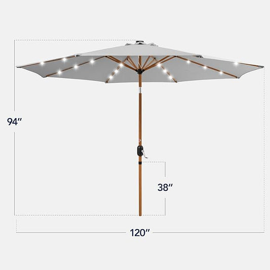 Best Choice Products 10ft Solar Market Patio Umbrella w/Woodgrain Pattern Pole, LED Lights, Tilt & Crank – Outdoor Sun Shade for Backyard Table, Deck, Poolside – Fog Gray