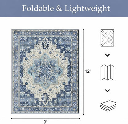 GENIMO Outdoor & Indoor Area Rug 9'x12', Waterproof, Non-Shedding, Easy Cleaning, Boho Mat for Patio, Living Room, Balcony, Dining Room, RV, Deck, Bedroom, Camping, Outside Carpet,Center Blue