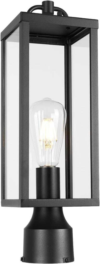 Outdoor Post Light Fixture, 16 Inch Tall Modern Exterior Square Pillar Lantern with Clear Glass, Transitional Black Pier Mount Lamp, Contemporary Pole Light for Garden, Backyard, Patio, Pathway