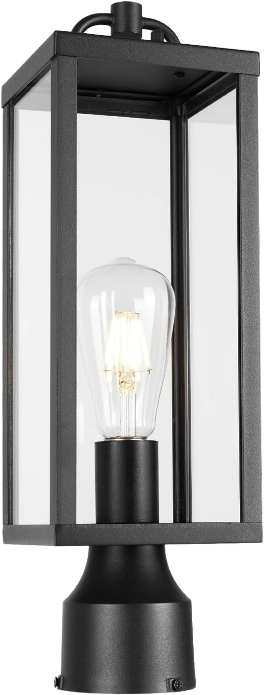 Outdoor Post Light Fixture, 16 Inch Tall Modern Exterior Square Pillar Lantern with Clear Glass, Transitional Black Pier Mount Lamp, Contemporary Pole Light for Garden, Backyard, Patio, Pathway