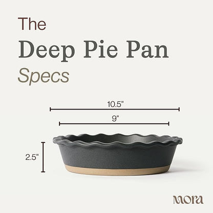 MORA Ceramic Pie Pan for Baking - 9 inch - Deep and Fluted Pie Dish for Old Fashion Apple Pie, Quiche, Pot Pies, Tart, etc - Modern Farmhouse Style Porcelain Ceramic Pie Plate - Liquorice