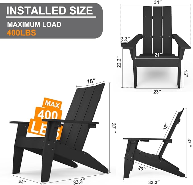 MXIMU Modern Adirondack Chairs Set of 6 Weather Resistant with Cup Holder Oversize Plastic Fire Pit Chairs Plastic Outdoor Chairs for Firepit Area Seating (Black)
