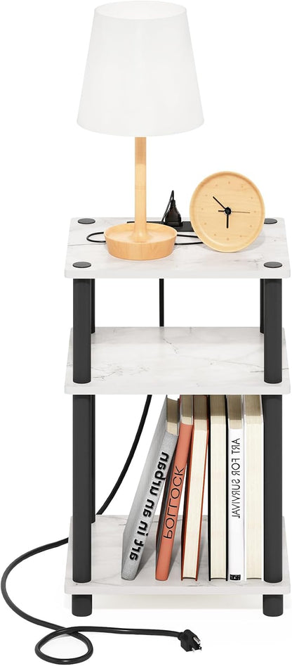 Furinno Just 3-Tier Turn-N-Tube USB and Type-C Charging Port End Table with Open Storage, 11.42 (W) x 8.82 (H) x 6.77 (D) inches, Marble White/Black
