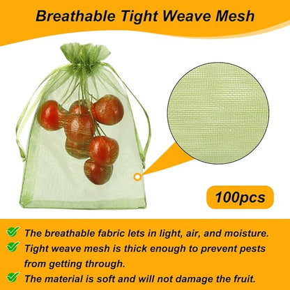 Shintop 100Pcs Fruit Protection Bags, 4x6 Inch Green Strawberry Netting Cover Drawstring Mesh Bags Pest Barrier for Blueberry Small Fruit