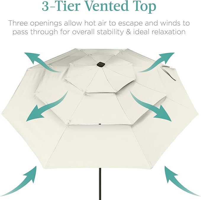 Best Choice Products 10ft 3-Tier Solar Patio Umbrella, Outdoor Market Sun Shade for Backyard, Deck, Poolside w/ 24 LED Lights, Tilt Adjustment, Easy Crank, 8 Ribs - Ivory