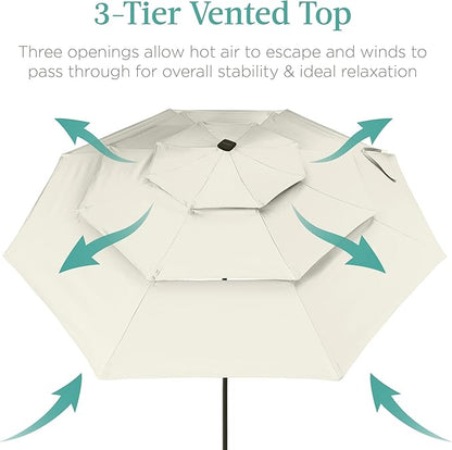 Best Choice Products 10ft 3-Tier Solar Patio Umbrella, Outdoor Market Sun Shade for Backyard, Deck, Poolside w/ 24 LED Lights, Tilt Adjustment, Easy Crank, 8 Ribs - Ivory