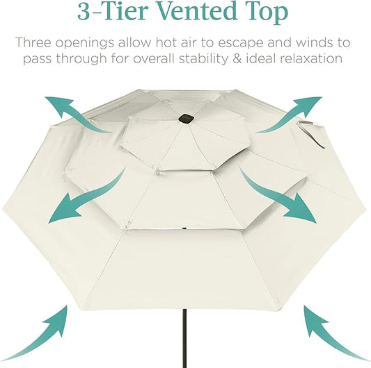 Best Choice Products 10ft 3-Tier Solar Patio Umbrella, Outdoor Market Sun Shade for Backyard, Deck, Poolside w/ 24 LED Lights, Tilt Adjustment, Easy Crank, 8 Ribs - Ivory