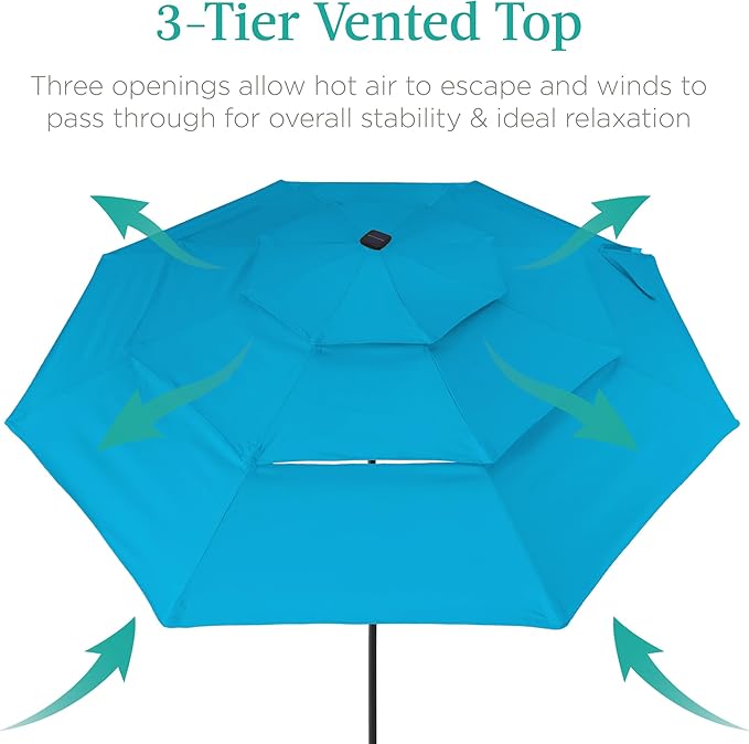 Best Choice Products 10ft 3-Tier Solar Patio Umbrella, Outdoor Market Sun Shade for Backyard, Deck, Poolside w/ 24 LED Lights, Tilt Adjustment, Easy Crank, 8 Ribs - Sky Blue