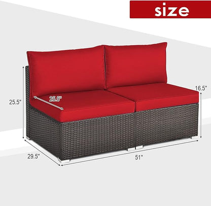 COSTWAY 2PCS PE Rattan Armless Sofa, Wicker Patio Conversation Set Chairs with Soft Cushion, Outdoor Sectional Furniture for Yard, Poolside (Red)
