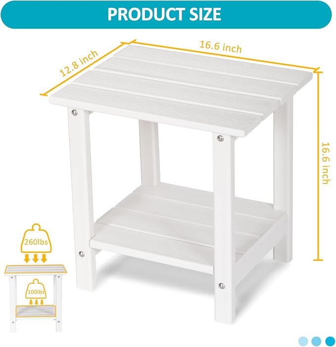 2 Tier Outdoor Side Table with Wood-Like Grain, 16.6" HDPE Adirondack Table Patio Side Table, Weather Resistant End Table for Pool, Patio & Porch, Small Outdoor Table (White, Rectangle)