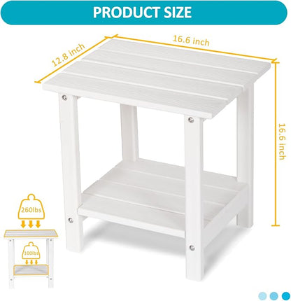 2 Tier Outdoor Side Table with Wood-Like Grain, 16.6" HDPE Adirondack Table Patio Side Table, Weather Resistant End Table for Pool, Patio & Porch, Small Outdoor Table (White, Rectangle)