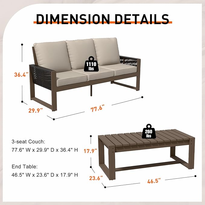 Rustic Hideaway Natural Cedar Wood Outdoor Furniture Set, Wicker Patio Conversation Set for Porch Garden Backyard, Couch and Coffee Table, 2 Piece, Brownish/Beige