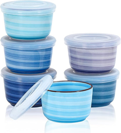Selamica Ramekins with Lids 8 oz, Creme Brulee Ramekins Oven Safe, Souffle Dishes Porcelain Custard Cups for Baking, Small Bowls for Dipping, Pudding, Ice Cream, Set of 6, Gradient Blue