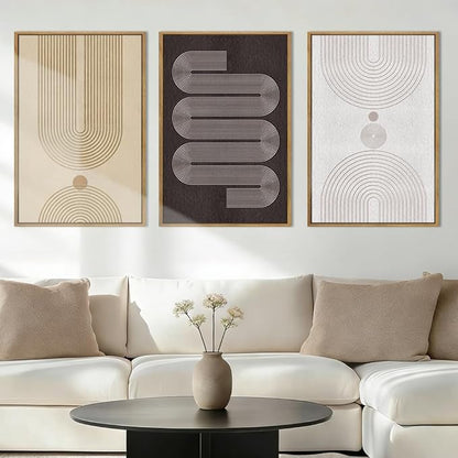 Anyzal Large Abstract Framed Wall Art 16x24 Inch Black Tan Neutral Canvas Wall Decor Modern Minimalist Geometric Line Artwork for Living Room Bedroom Set of 3