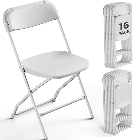 16 Pack White Plastic Folding Chairs, Outdoor Portable Folding Chair with Steel Frame, 350lbs Capacity Stackable Foldable Chairs for Patio, Garden, Picnic, Kitchen, Events