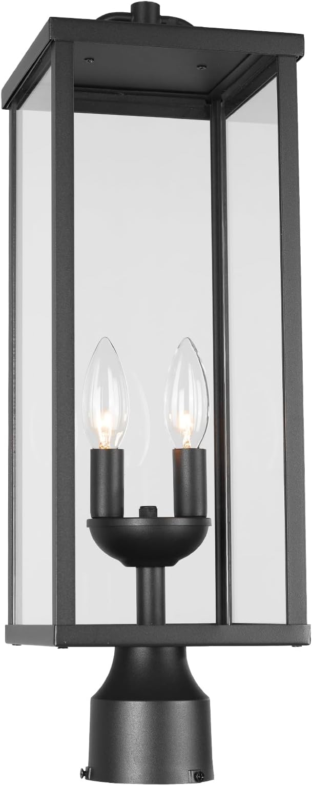 Outdoor Post Light Fixture, 20 Inch Tall Modern Exterior Square Pillar Lantern with Black Finish & Clear Glass, Transitional Pier Mount Lamp, Pole Light for Garden, Backyard, Patio, Pathway