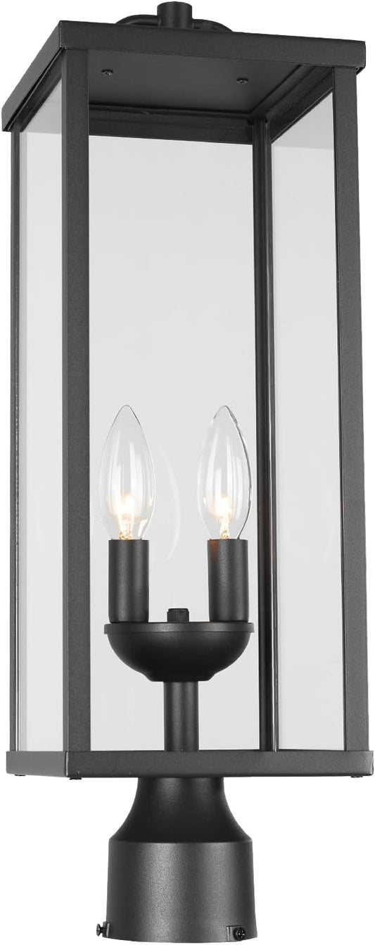 Outdoor Post Light Fixture, 20 Inch Tall Modern Exterior Square Pillar Lantern with Black Finish & Clear Glass, Transitional Pier Mount Lamp, Pole Light for Garden, Backyard, Patio, Pathway