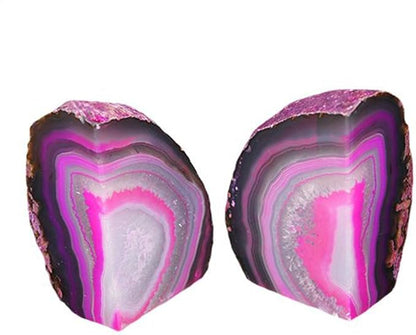 JIC Gem Decorative Crystal Book Ends Polished Dyed Pink Color Geode Brazilian Agate Bookends with Rubber Bumpers Small Size(1 Pair, 2-3 LBS)