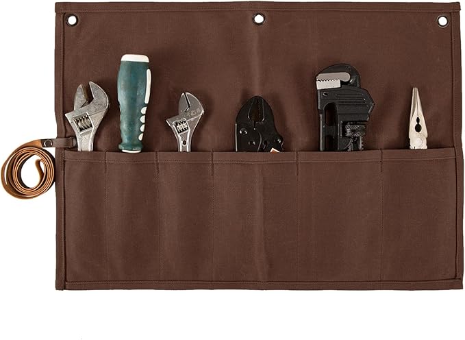 Chisel Roll,Small Tool Roll Pouch,Tool Roll Bag Organizer, Heavy Duty Waxed Canvas Tool Bag, Multi-Purpose Roll-Up Storage Bag for Hand Tools Holder with 6 Pockets Wrench Roll Up Pouch