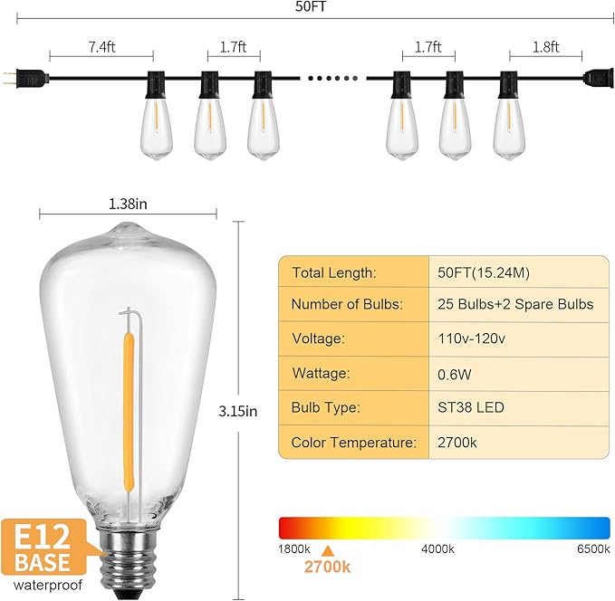 Vocevos Outdoor String Lights, 50FT Heavy Duty Patio String Lights with 26 LED Dimmable Plastic Shatterproof Bulbs, ST38 0.6W Waterproof Light Strings for Backyard, Porch, Bistro, Cafe, 2700K