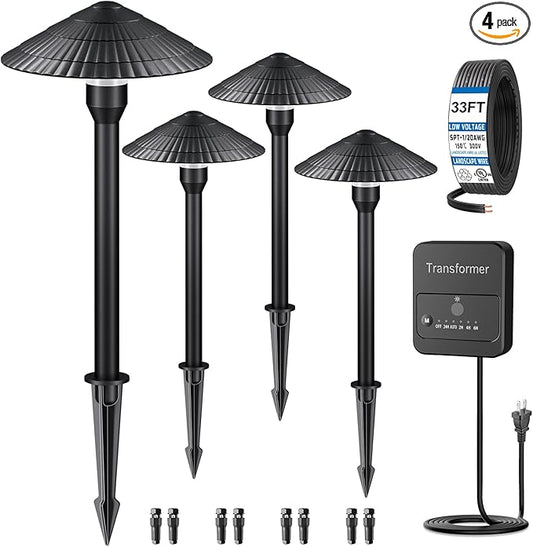 Landscape Lighting Pathway Lights 4 Pack, 5W Low Voltage LED Outdoor Garden Lights, Cast Aluminum with Acrylic Lens, IP66 Waterproof Yard Walkway Driveway Patio Path Lights, Transformer Cable Included
