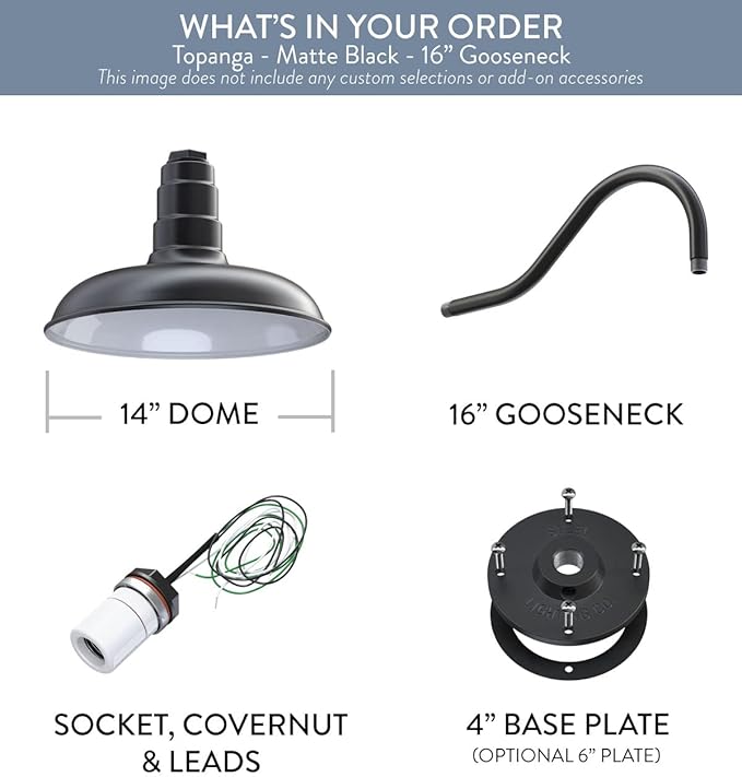 Steel Lighting Co. Topanga Barn Light | Outdoor Wall Mounted | Farmhouse Garage Light Made in America | 14 inch Dome | 16 inch Gooseneck | Matte Black Exterior/White Interior