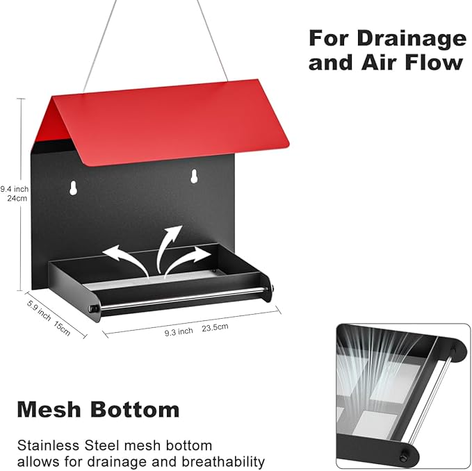 FANHAO Metal Bird Feeder for Outdoor, Hanging & Wall Mounted Wild Bird Feeder with Perch and Drainage Mesh, Weatherproof Hanging Platform Bird House for Attracting Birds, Easy to Clean & Refill