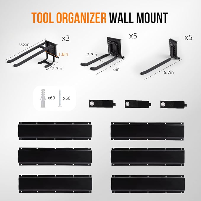 FAHKNS Garage Tool Organizer Wall Mount 99 Inch, Heavy Duty Garage Storage Rack with Adjustable Hooks, Large Capacity Garden Tool Organizer for Garage Organization, Workshop, Shed