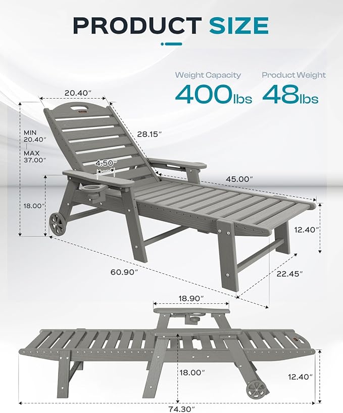 Outdoor Chaise Lounge Chair Set of 2, Patio Lounge Chairs for Outside, HDPE Lounge Chairs with Wheels & Cup Holder, Poly Lounge Chair with 5 Position for Poolside, Deck, Grey